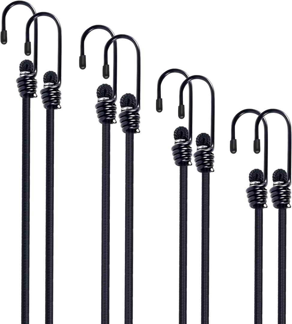 Bungee Cords with Hooks 8 Pack Bungee Cord Includes 12 inches, 18 inches, 24 inches, 36 inches for Bundling Items, Fixing Tarps, Tents, and Carrying Luggage Black