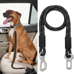 Pawaboo Dog Seatbelt for Car, Reflective Rope Dog Dog Car Seat Belt Bungee, Pet Tether Safety Restraint with Heavy Duty Buckle, Dogs Cars Harness Leash with 360 Lockable Buckle, Black