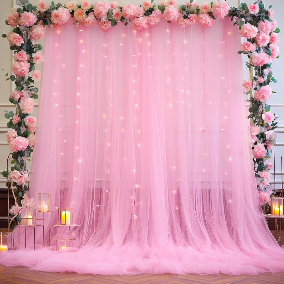 Pink Tulle Backdrop Curtains with Lights String for Parites Pink Sheer Backdrop Curtains for Baby Shower Girls Bridal Shower Birthday Party Photo Shoot Decorations 10×8ft