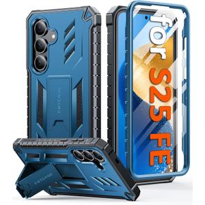 FNTCASE for Samsung Galaxy S25-FE Case: with [Built-in Screen Protector & Kickstand] [Military-Grade Drop Protection] Heavy Duty Protective Full Body Shockproof Rugged Sturdy TPU Phone Cover Blue