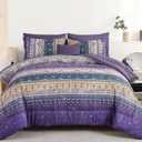 Cottolester Boho King Size Comforter Set 8 Pieces, Violet Bohemian Striped Bed in a Bag, Paisley Soft Microfiber Bedding Comforter Set
