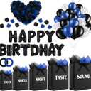 Ctosree 5 Senses Gift Bags for Her Him Black and Blue Birthday Decorations Kit Includes Five Senses Gift Bags, Happy Birthday Balloons, Tissue Paper and Petals for Anniversary Wedding Party Favors