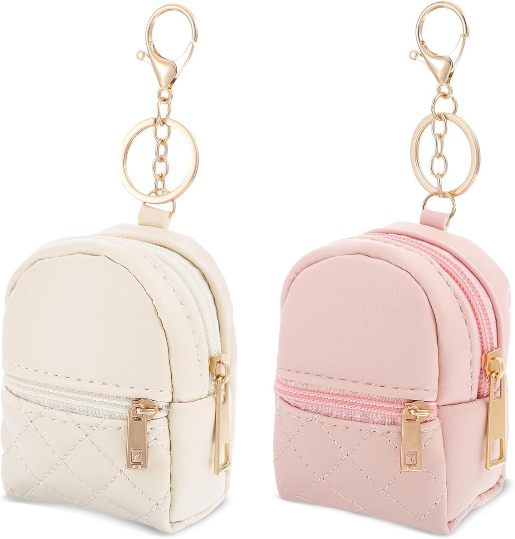 2Pcs Mini Backpack Cute Cosmetic Bag for Women Creative Pendant Keychain Key-chains Keyrings PU Leather Makeup Bag Key Pocket Lipstick Bag Card Holder Data Cable Organizer Zipper Pouch for Women Girl