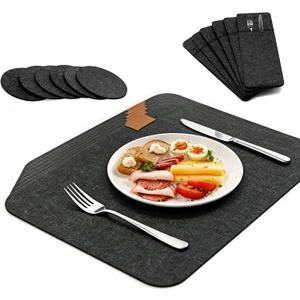 Placemats, Washable Heat-Resistant Felt Placemats, Set of 18 (6 Place Mats, 6 Coasters and 6 Knife Bags), Stain Resistant and Easy to Clean for Dining Table Place Mats