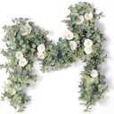 PARTY JOY 2pcs 6.56ft Eucalyptus Garland with Flowers-8 White Roses, Artificial Fake Flowers Greenery Garland Floral Vines for Decoration Party Wedding Table Indoor Outdoor Backdrop Wall Decor(White)