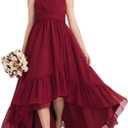 Junior Bridesmaid Dress Long Wedding Flower Girl Dress for Teen Party Pageant Gowns Chiffon (Red, 16)