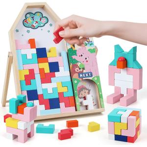 GEMEM Wooden Blocks Puzzles for Kids Ages 4-8, Thick 3D Russian Blocks Brain Teasers Tangram Jigsaw, STEM Intelligence Toys,Montessori Educational Gift for Toddlers Kids 3 4 5 6 7 8 Boys Girls