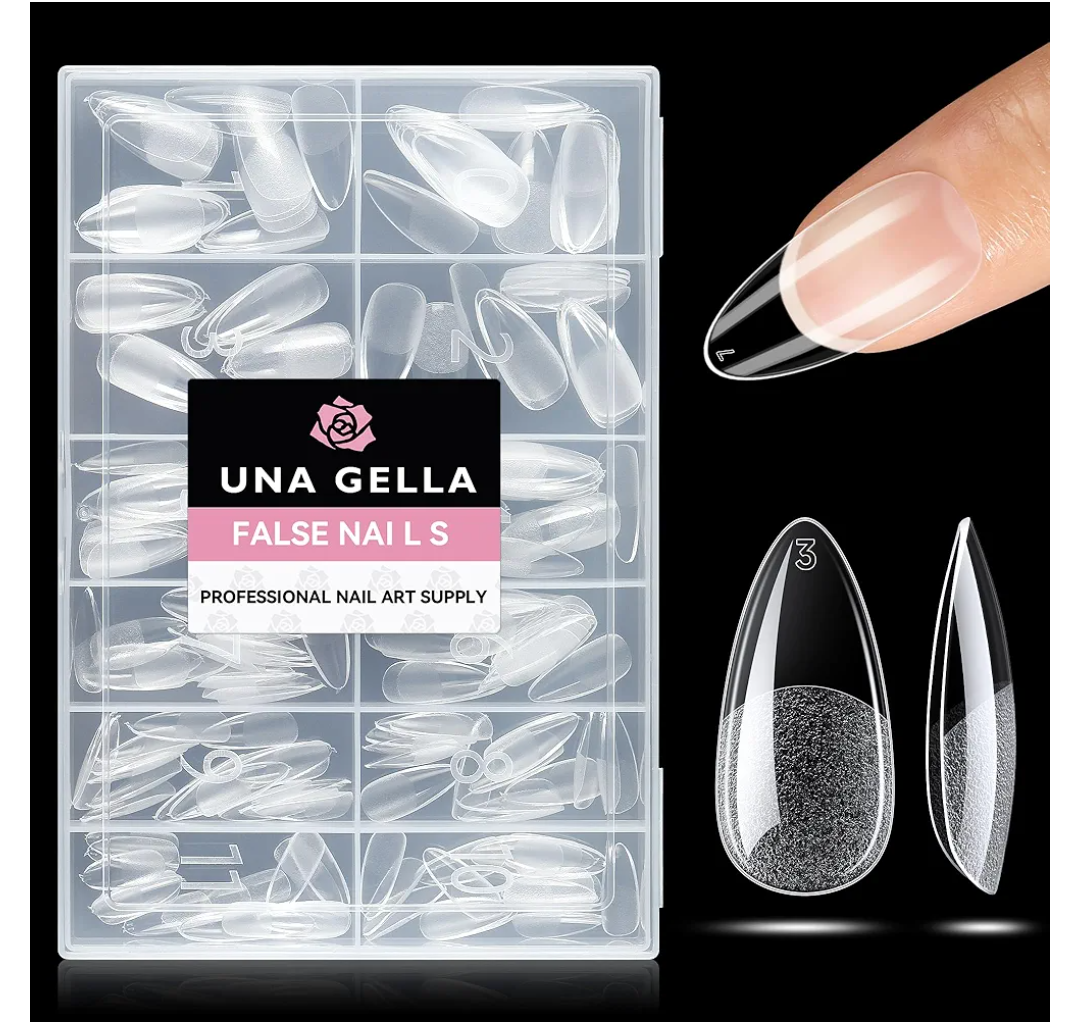 UNA GELLA Almond Nail Tips 216pcs Medium Almond Press on Nails Pre-shape Gel Fake Nails for Full Cover Acrylic French False Nails For Nail Extension, DIY Salon 12 Sizes Gelly Tips