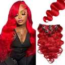 RED Body Wave Clip in Hair Extensions,32 Inch Soft Real Human Hair,Wine Red Body Wave Clip ins 120g 7pcs Per,Brazilian Double Weft Remy Human Hair Extensions. (RED-Bright Red-BB-CP)