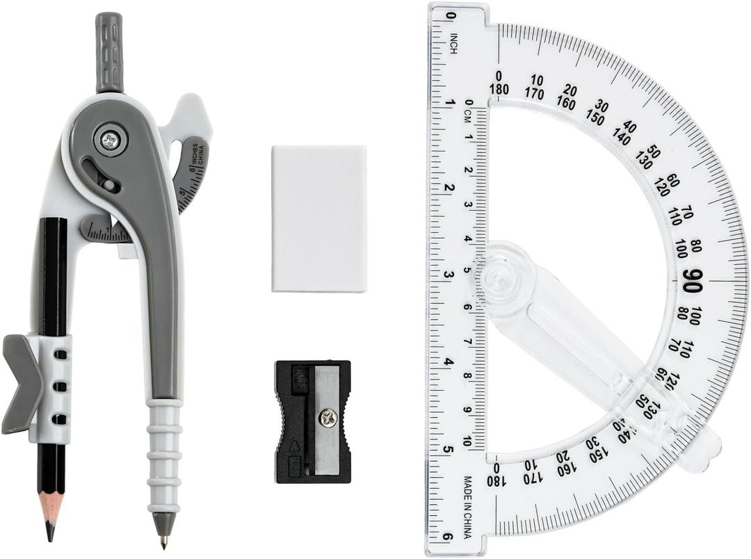 4 x Unjoo Compass and Protractor Set, 6 Inch Protractor with Swing Arm (Gray)