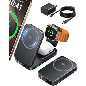 INIU 3-in-1 Charging Station for Apple Devices, Qi2 Certified 15W Foldable Magnetic Wireless Charger, Travel Mag-Safe Charger for iPhone 17 16 15 14 13 12, Apple Watch, AirPods 4 3 2 Pro (Black)