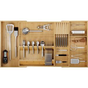 Bamboo Silverware Drawer Organizer, 17.72-29.53 Inch Expandable Large Kitchen Drawer Organizer, 5-8 Slot Flatware with Removable Card Slots & Knife Block for Spoon Butter Knive, Natural