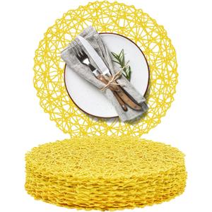 AHHFSMEI Paper Braided Round Placemats Set of 12 Natural Non-Slip Heat Resistant Table Mats for Dining Tables Woven Indoor Outdoor Place mats(Yellow,12)