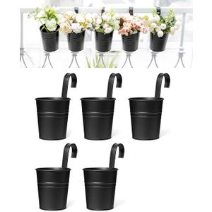 Dahey 5 Pcs Hanging Flower Pots 4 Inches Metal Iron Bucket Outdoor Planter for Railing Fence Balcony Garden Home Decoration Flower Holders with Detachable Hooks, Black