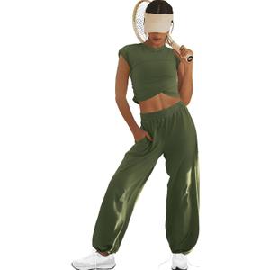 LAMISSCHE Womens Loungewear Set 2 Piece Outfits Sets Cropped Tops and Wide Leg Pants with Pockets Tracksuit (Medium, Army Green)