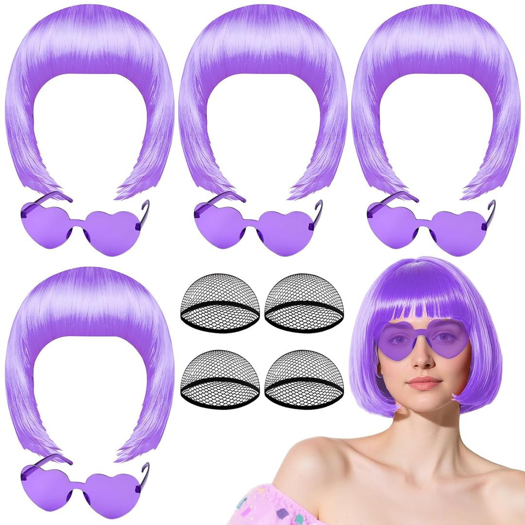 PLULON 4 Pcs Light Purple Bob Wigs with Heart Plastic Sunglasses Hair Cap for Women, Neon Short Bob Wig Colored Funny Cosplay Hair for Women Men Daily Bachelorette Halloween Costume Party Decorations