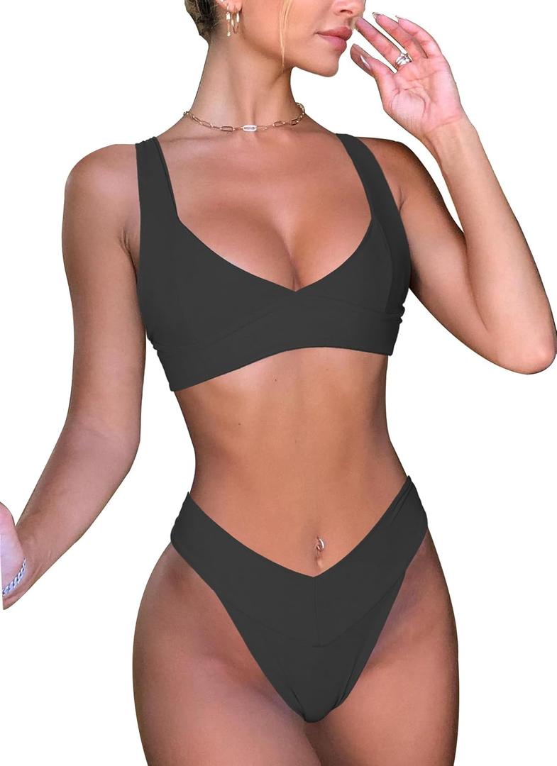 V Shaped High Waisted Bikini Set for Women 2 Pieces Double Lined Swim Suit Push up Adjustable Straps Top Swimwear(Black,M)