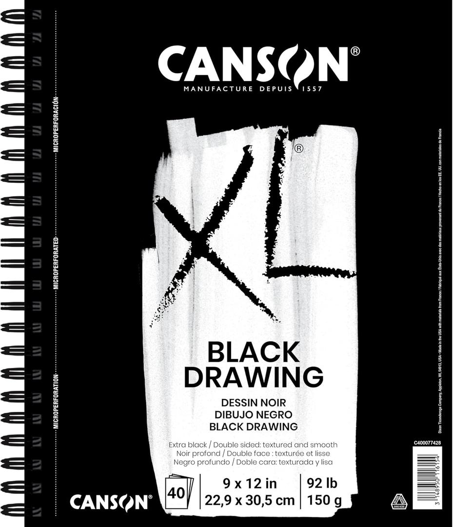 Canson XL Series Drawing Paper Pad, Black, 9x12 inch, Side Wire, 40 Sheets
