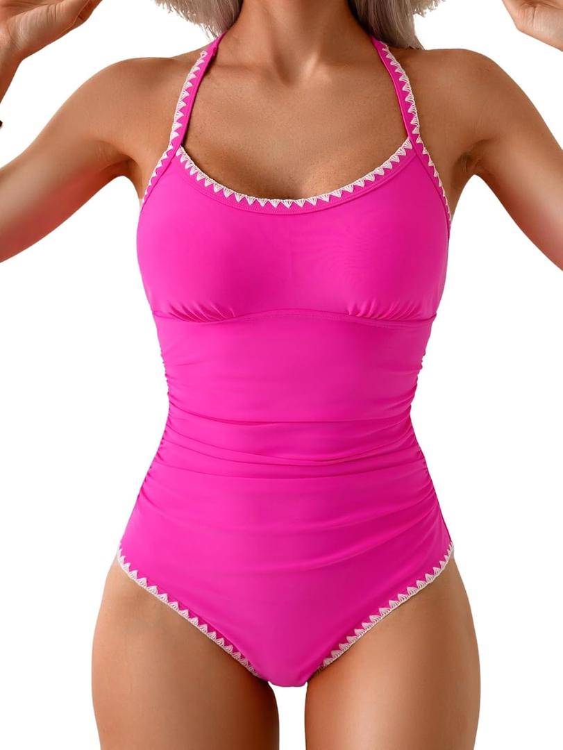 Eomenie Women's One Piece Swimsuit Tummy Control Slimming Bathing Suit Ruched Swimwear Tie Back Shell Stitch Swim Suit (Large, Hot Pink)