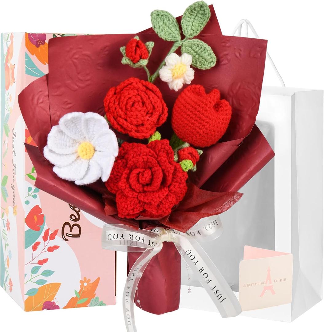 Crochet Flower Bouquet Red Handmade Crochet Flowers, Romantic Gift for Her, Knitted Floral Bouquet with Gift Box Bag and Card