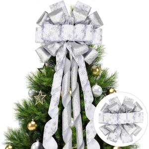 Christmas Tree Topper Bow, 53x13 Inches Xmas Large Toppers Bows, Silver Polyester Snowflake Decorative Bow for Christmas Indoor/Outdoor Decor(Snowflake Pattern Style)