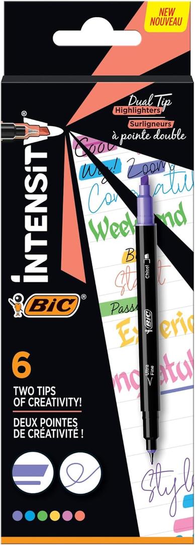 BIC Intensity Dual-Tip Highlighters, Chisel Tip/Ultra-Fine Tip, Black Barrels/Assorted Colors, Pack Of 6 Highlighters