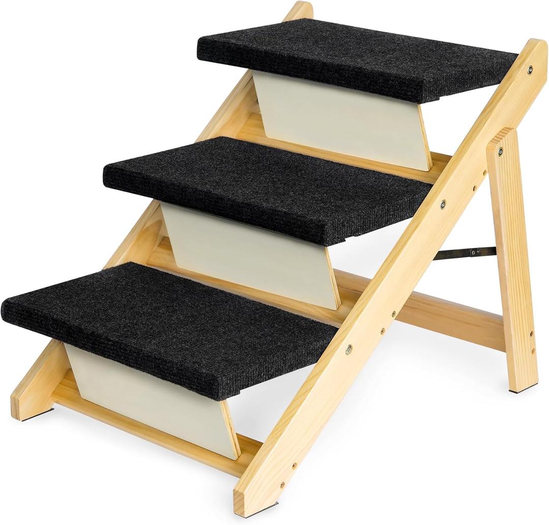 BRIKY 19.5" H Dog Stairs for Small Dogs, Non-Silp Wooden Dog Steps for Bed and Couch, Foldable 3-Step Pet Stairs for Medium Dogs and Old Cats, No Assembly Required