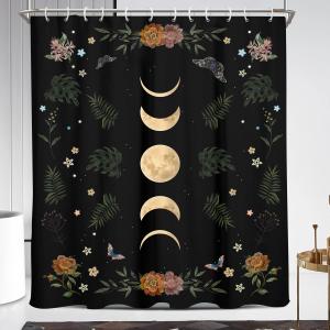 Coxila Moon Phase Shower Curtain Moonlit Goth Gothic Witchy Witch Celestial with Butterfly Floral Leaves Mysticism 72x84 Inch Polyester Fabric 12 Pack Hooks