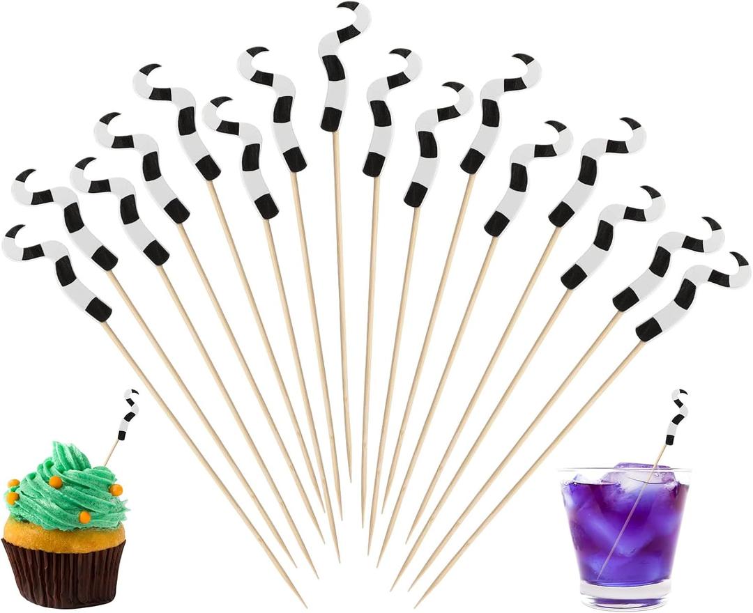 Chengu 200 Pcs Christmas Black and White Sandworm Cocktail Picks 5.9 Inch Appetizer Toothpicks, Bamboo Stick Skewers for Drink Striped Snake Tail Design Creepy Xmas Themed Party Decoration