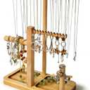 Solid Wood Jewelry Tower Organizer - 3-Tier Tree Holder Stand with 11 Earring Holes, 2 T-bar for bracelets Necklace or watches, Ring Tree & Display Tray (natural wood)