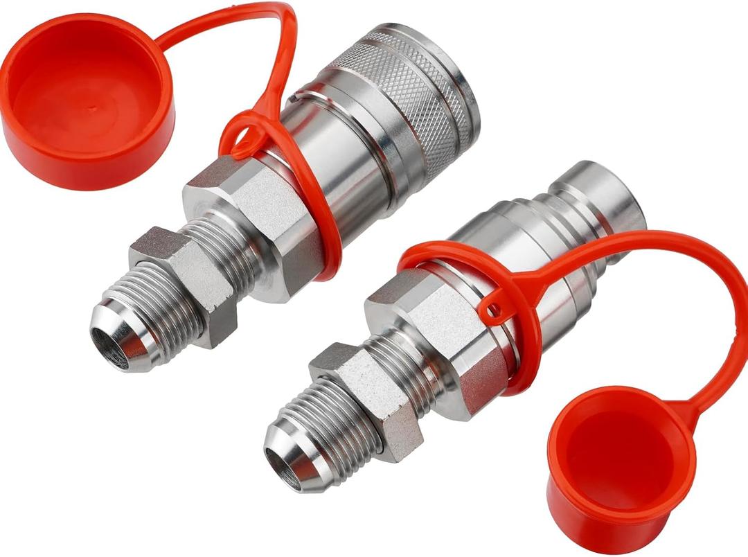 1/2" Flat Face ISO 16028 Hydraulic Quick Connect Couplers, 5/8" (#10) JIC Bulkhead Thread, Heavy Duty Hydraulic Coupling with Dust Cap Compatible with Bobcat, Case, Skid Steer Loader