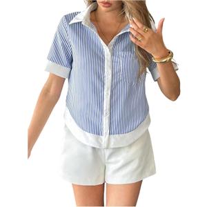 SHENHE Women's Striped Button Down Shirt Short Sleeve Color Block Dressy Work Top Blouse (Medium, Blue)
