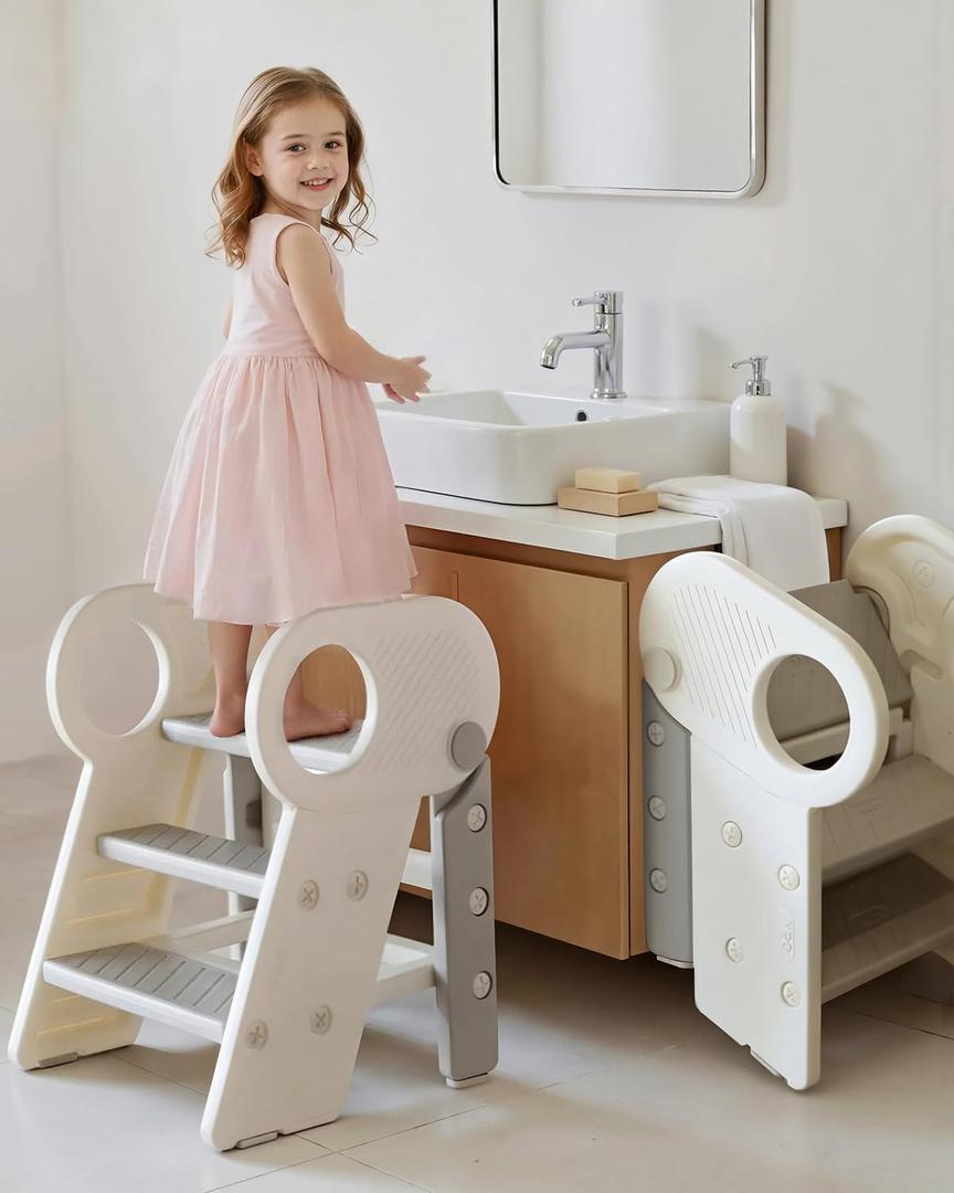 Soladder Foldable Toddler Step Stool for Bathroom Sink, Non-Slip Adjustable 3 or 2 Step Stool for Toddlers to Train Toilet Potty, Plastic Toddlers Kitchen Stool Helper for KidsGray