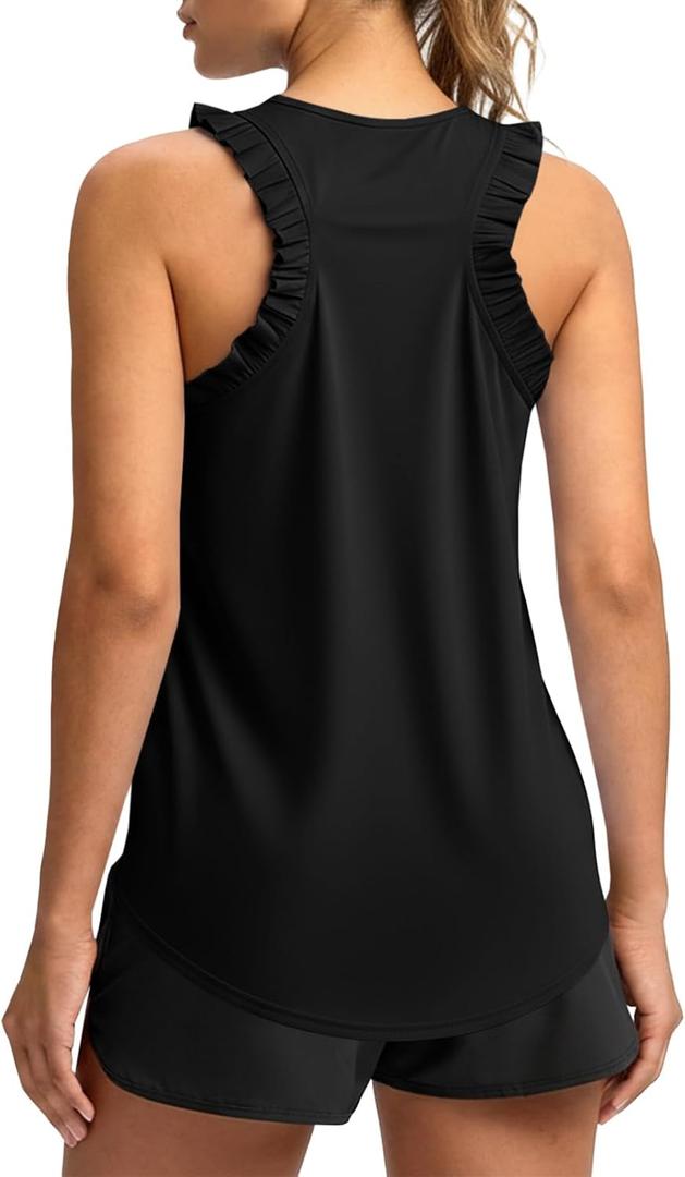 Fisoew Women Summer Workout Tank Tops Ruffle Sleeveless Racerback Crewneck Casual Loose Running Gym Athletic Tee Shirts M