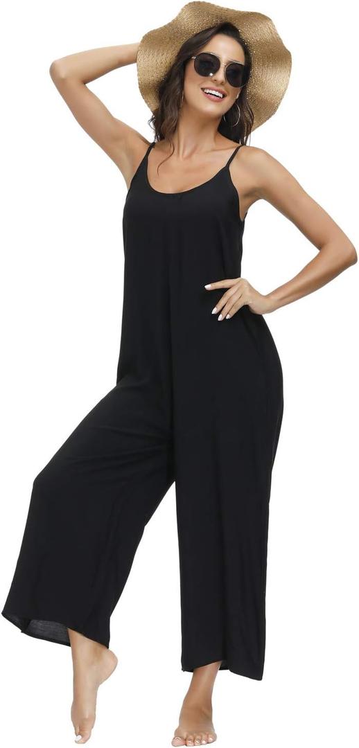 BUENOS NINOS Women's V Neck Floral Maxi Dress Boho Printed Adjustable Spaghetti Strap Ethnic Beach Long Dress with Pockets (Pure Black Jumpsuit) XL
