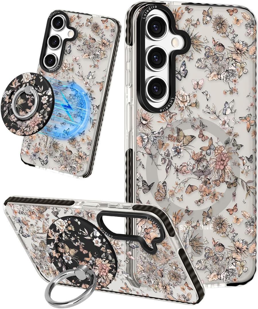 for Samsung Galaxy S23 FE Case for Women - Girls Cute Design Compatible with Magsafe Magnetic Ring Holder Stand Butterfly Plants Phone Covers Aesthetic Girly TPU Funda for S23 FE