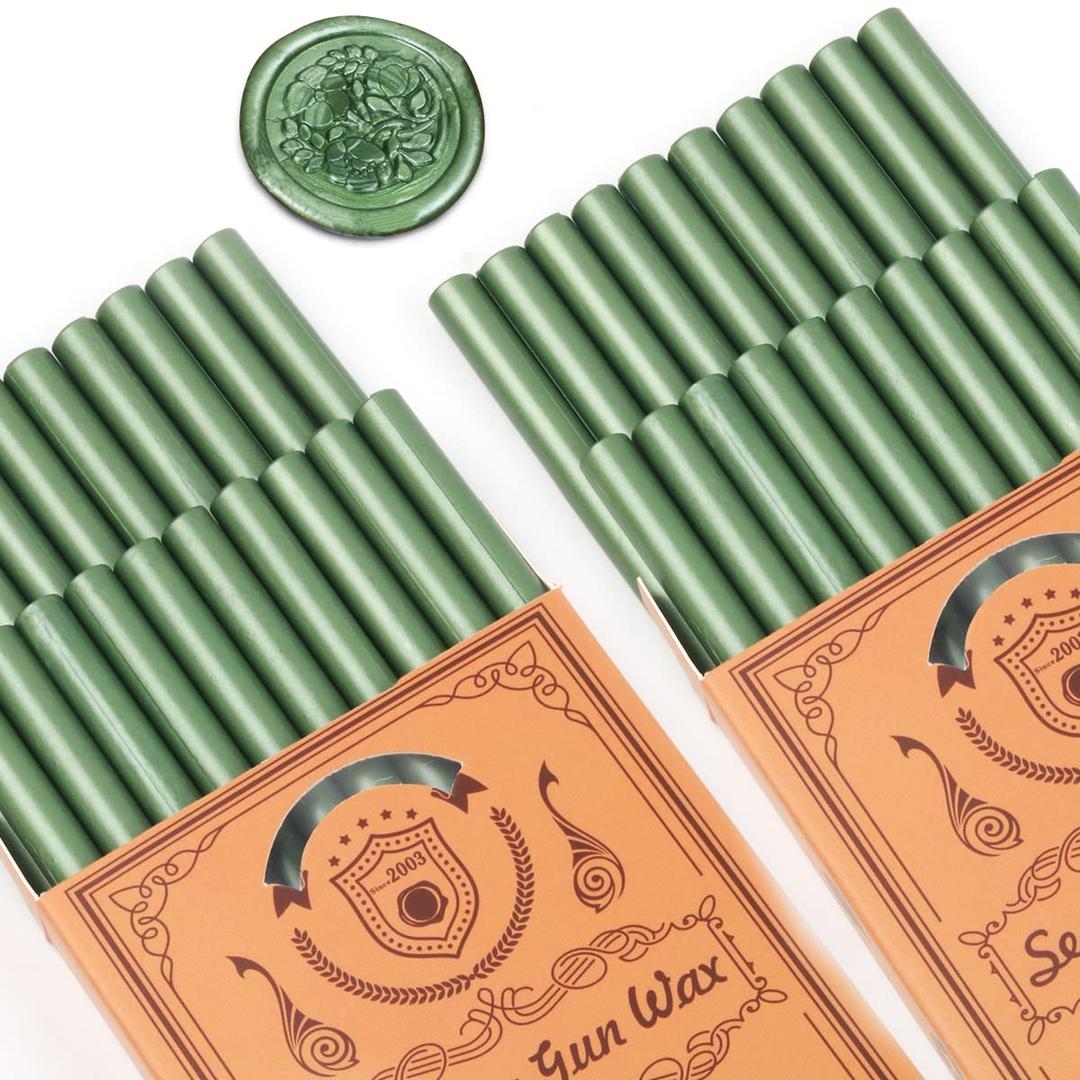 Wasole 40pcs Pine Green Wax Seal Sticks, Glue Gun Wax Sealing Sticks for Wedding Invitations, Letter Envelopes