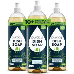 Puracy Natural Dish Soap Packs- Unscented Skin-Softening Plant-Based Dishwashing Soap, Non-Toxic Dish Soap, Fragance Free Organic Liquid Dishwashing Detergent Soap (Unscented, 16 fl oz, 3 Pack)