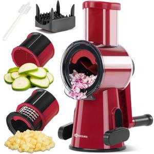 KEOUKE Manual Vegetable Chopper & Slicer - 2-in-1 Hand Crank Food Cutter with Cleaning Tools, Non-Slip Suction Base, Safety Pusher - Safe Effortless for Potato Carrot Onion - Red&Black