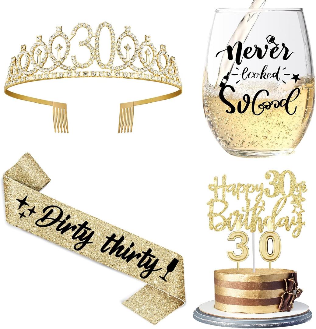 30th Birthday Gifts for Her with 15oz Glass, Birthday Crown, Sash, Cake Topper and Candles, 30 Year Old Decorations Gifts Idea