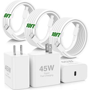 45W iPhone 17 16 Pro Max Charger Fast Charging,3Pack USB C Fast Charger Block with Long 10/10/6FT C to C Cable for Apple 17 Pro Max/16 Pro/15/iPad 13th,PD Quick Adapter 3.2 for iPhone 17 16 (White)