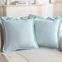 FUTEI Pack of 2 Chenille Buttons Throw Pillow Covers 18x18 Inch Soft Piped Edges Decorative Cushion Case Neutral Farmhouse Accent for Couch Living Room, Light Blue
