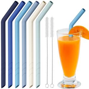 NiHome 6PCS Extra Wide Reusable Bent Silicone Straws for Boba, Smoothies, Bubble Tea, Bent Straws for Thick Drinks, Child-Safe, Customizable Length, 2 Brushes Easy Cleaning (Ocean Colors)