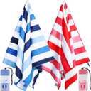 Exclusivo Mezcla 2 Pack Large Quick Dry Beach Towels, Microfiber Sand Free Cabana Stripe Pool Bath Swim Towel with Bag, Lightweight and Thin (Blue and Red, 30x60 Inches)