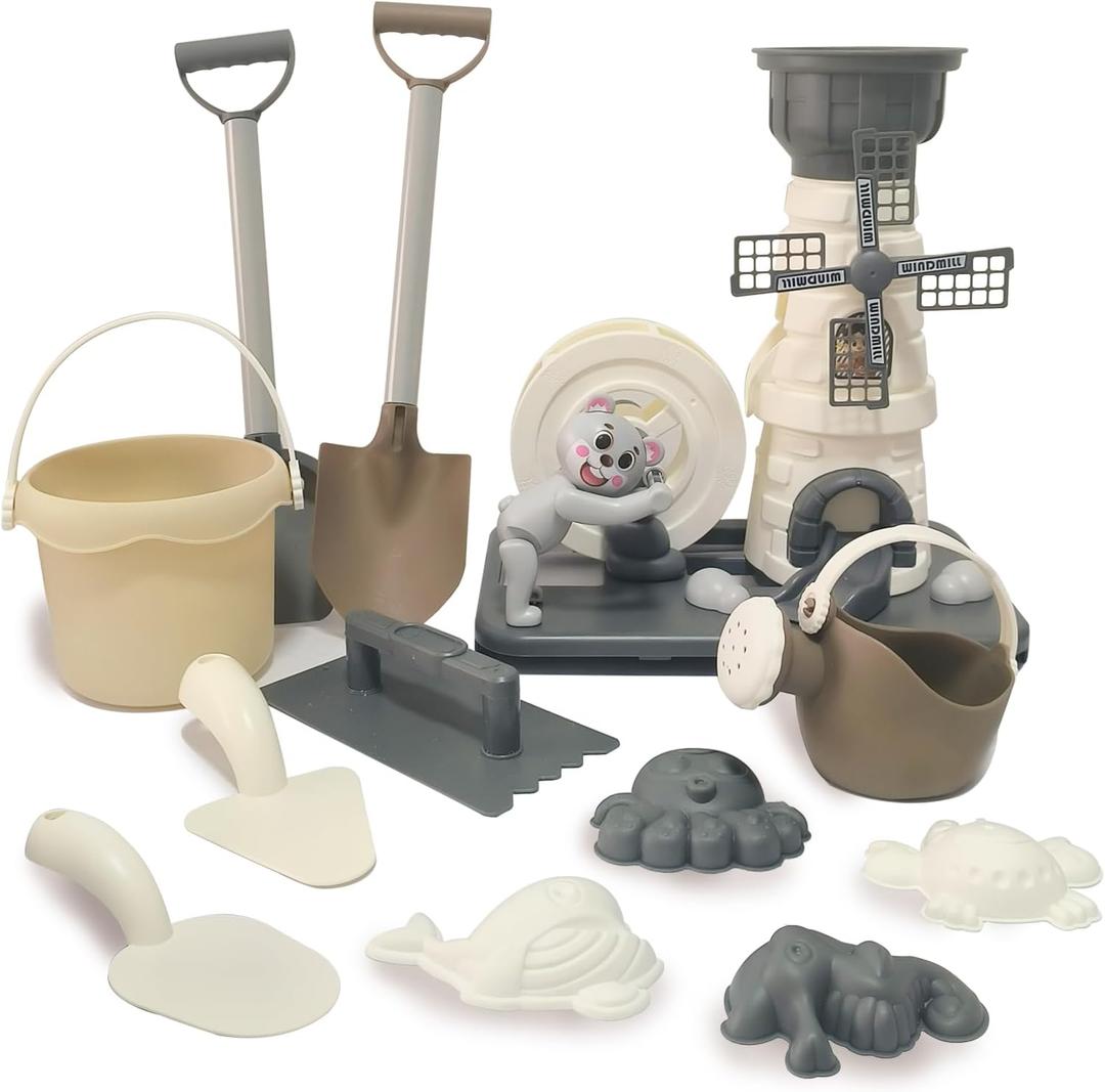 Beach Toy Set,12 Piece Sand Toys Cartoon Windmill Hourglass Toy, Includes Two Shovels, Water Bucket, Watering Can, Animal Tools Toys, Beach Toys Suitable for Children Aged 3-13