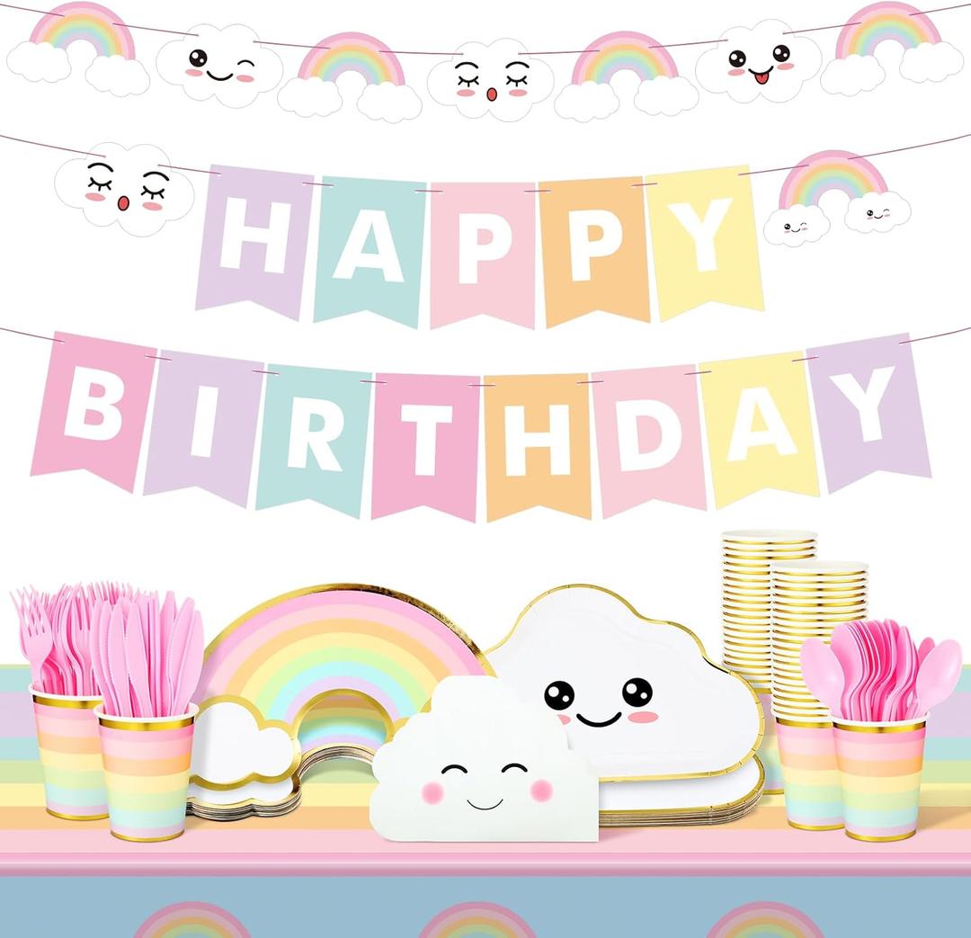 Dandat 175 Pcs Rainbow Party Decorations Happy Birthday Party Supplies Serves 24 Guests Rainbow Design Plates Cups Napkins Tablecloths Banner