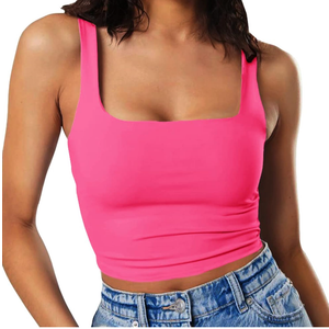 Artfish Women's Sleeveless Strappy Tank Square Neck Double Layer Workout Fitness Casual Basic Crop Tops M