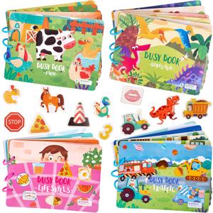 4 Pack DIY Montessori Busy Book for Toddlers, Montessori Quiet Book for Kids, Vehicle Life Skill Farm Dinosaur Preschool Learning Activities Learning & Education Toys