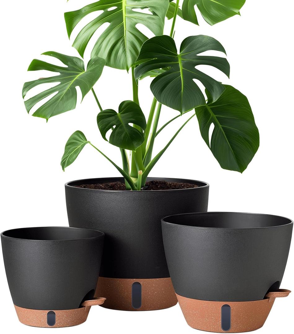 12/10/8 Inch Self Watering Pots for Indoor Plants Plastic Large Plant Pot for Outdoor Plants, Water Level Window & Spacious Reservoir Flower Pots Decorative Planter with Drainage and Tray (Black)