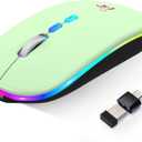 HOTLIFE LED Wireless Mouse, Slim Rechargeable Silent Portable USB Optical 2.4G Wireless Bluetooth Two Mode Computer Mice with USB Receiver and Type C Adapter (Green)